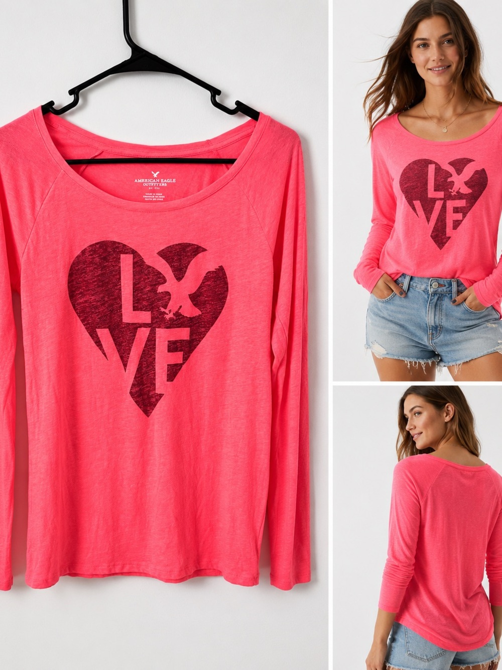 American Eagle AEO LOVE Heart Graphic Long Sleeve Tee Neon Pink 2014 Y2K